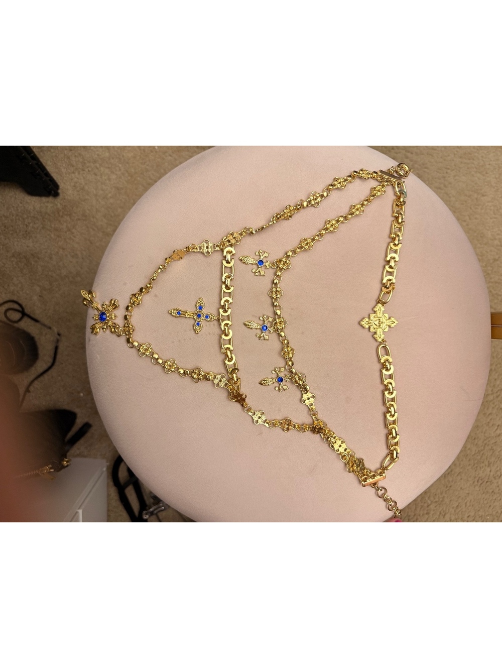 Vintage Gold Tone Cross and Angel Pendant Necklace with Blue Stones